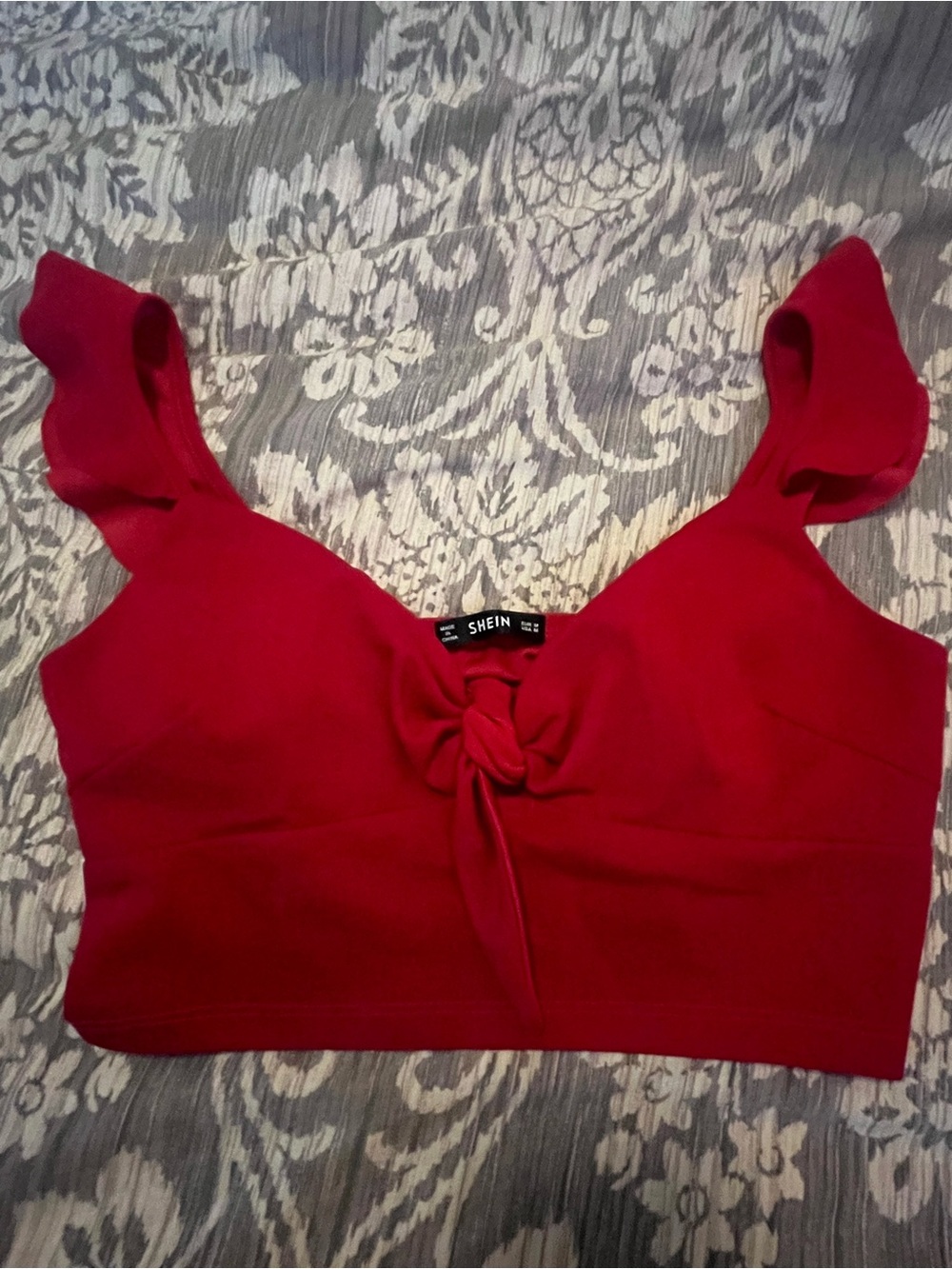 SHEIN Red Knot-Front Ruffle Strap Crop Top
